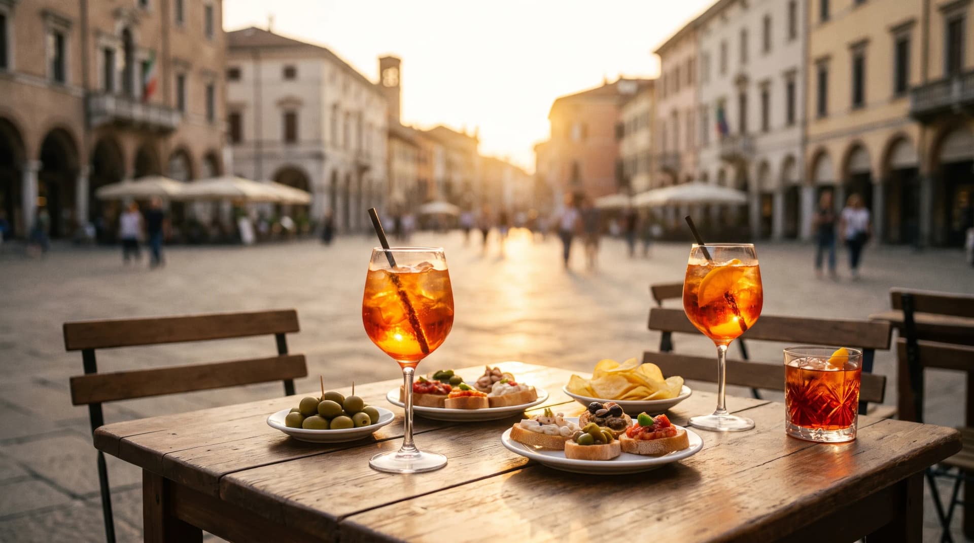 Aperitivo drinks and small plates on an outdoor table in northern Italy.