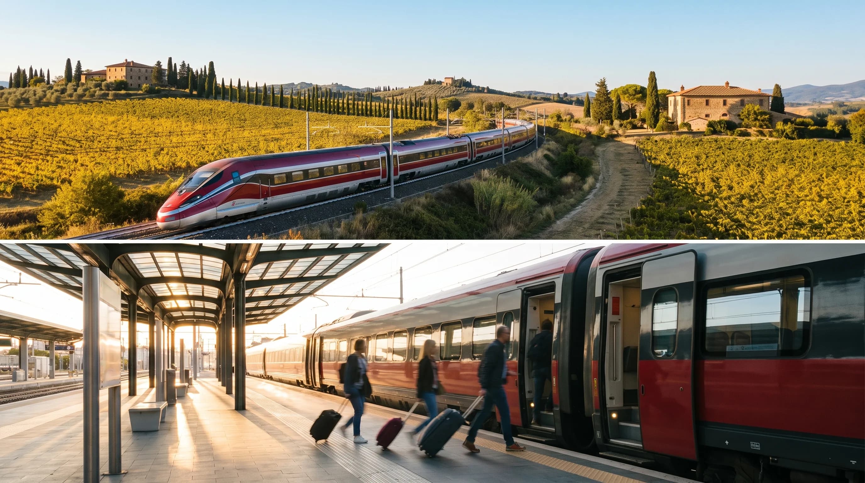 A train platform in Italy with passengers boarding for an intercity route.