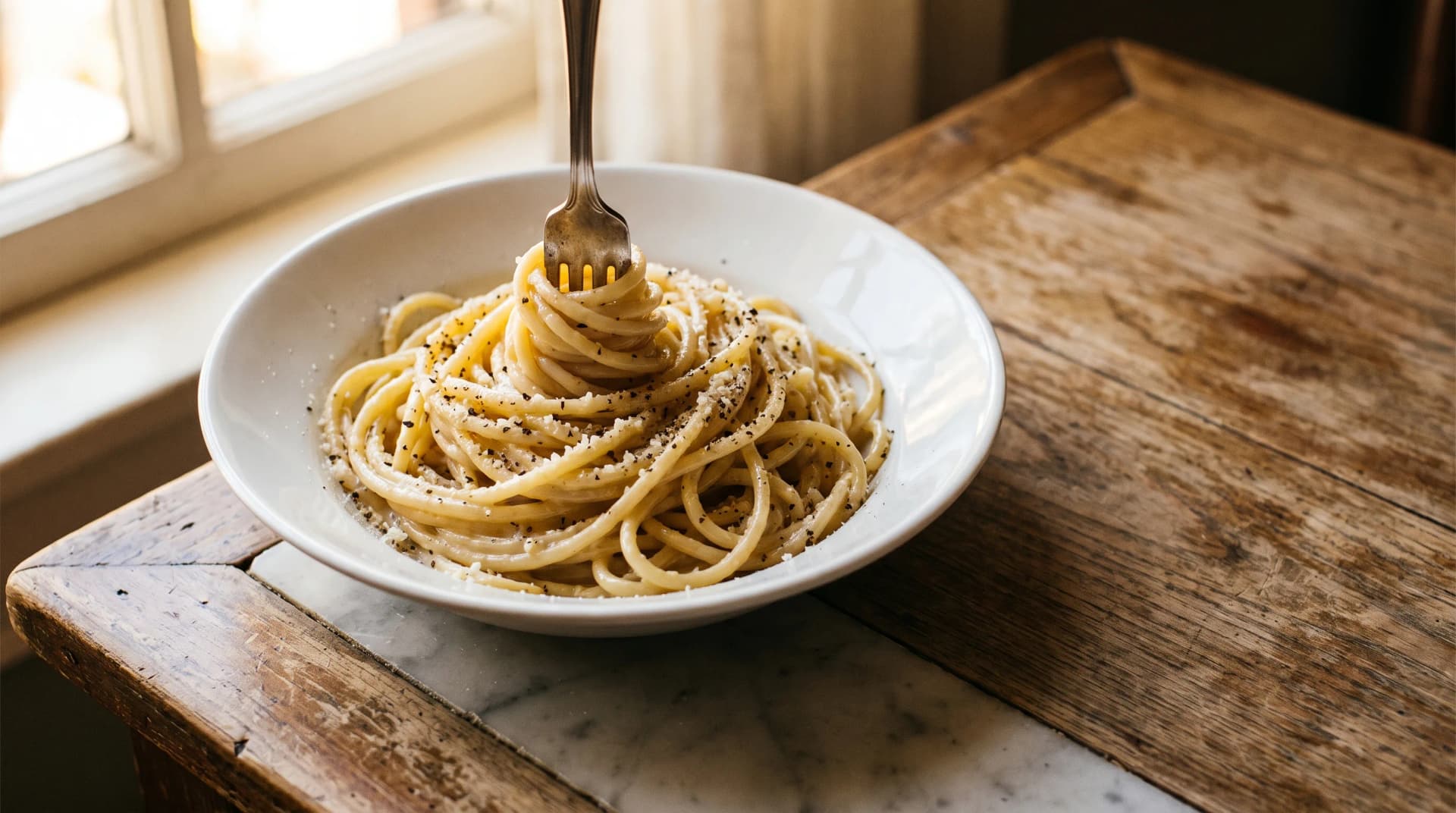 A plate of Roman pasta with pecorino, black pepper, and guanciale on a trattoria table.