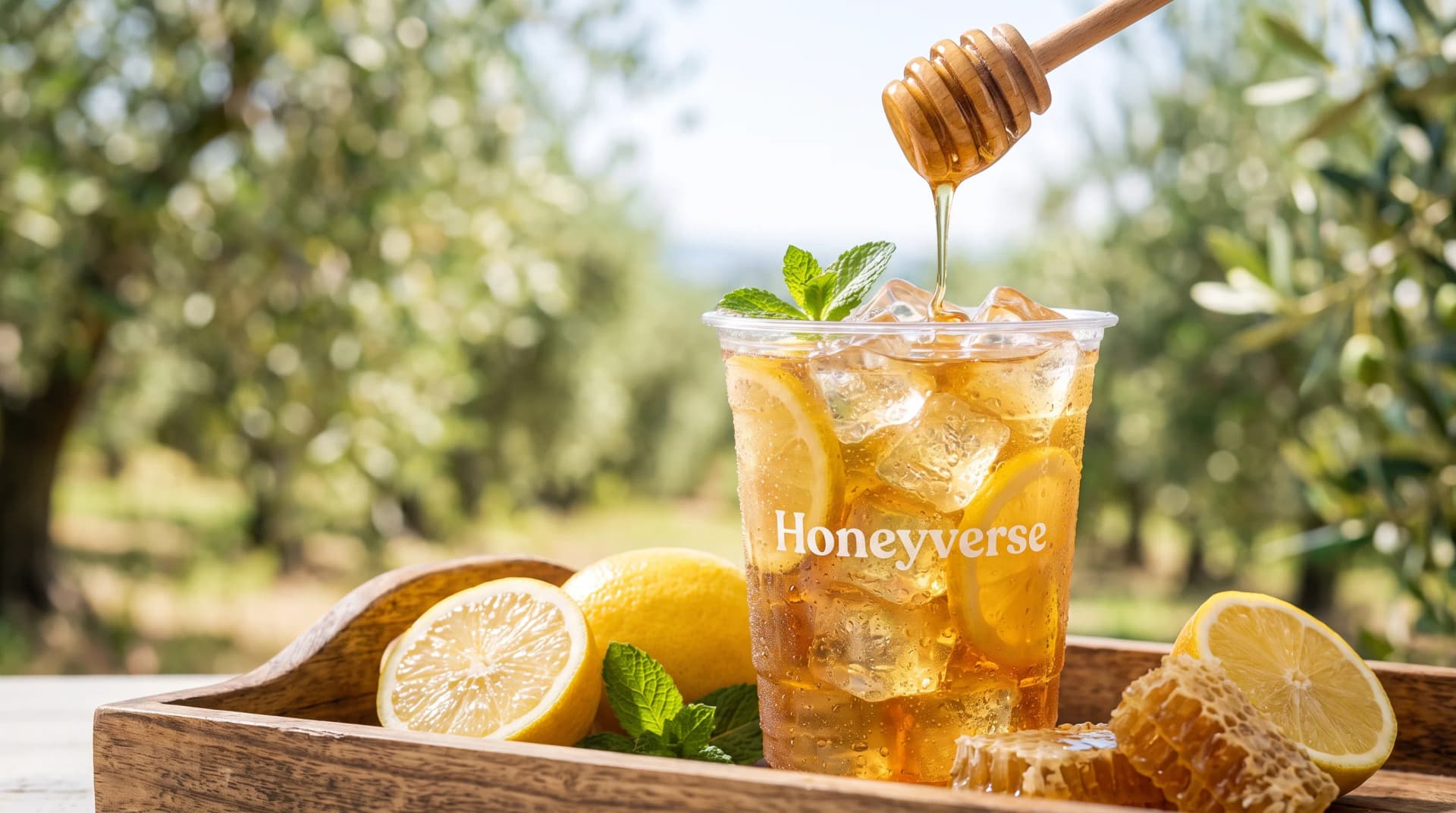 Honey being drizzled into a cold lemon iced tea on a summer table.