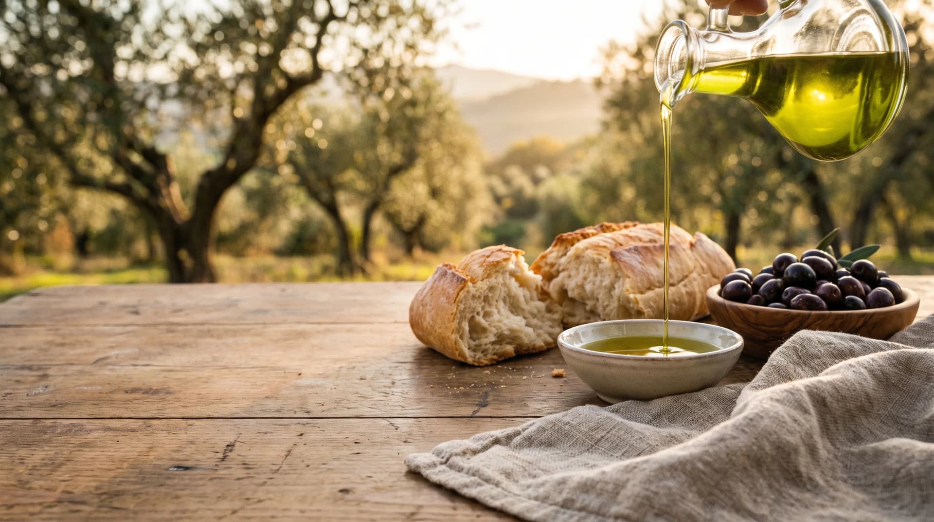 Fresh olive oil poured over grilled bread during harvest season in Tuscany.