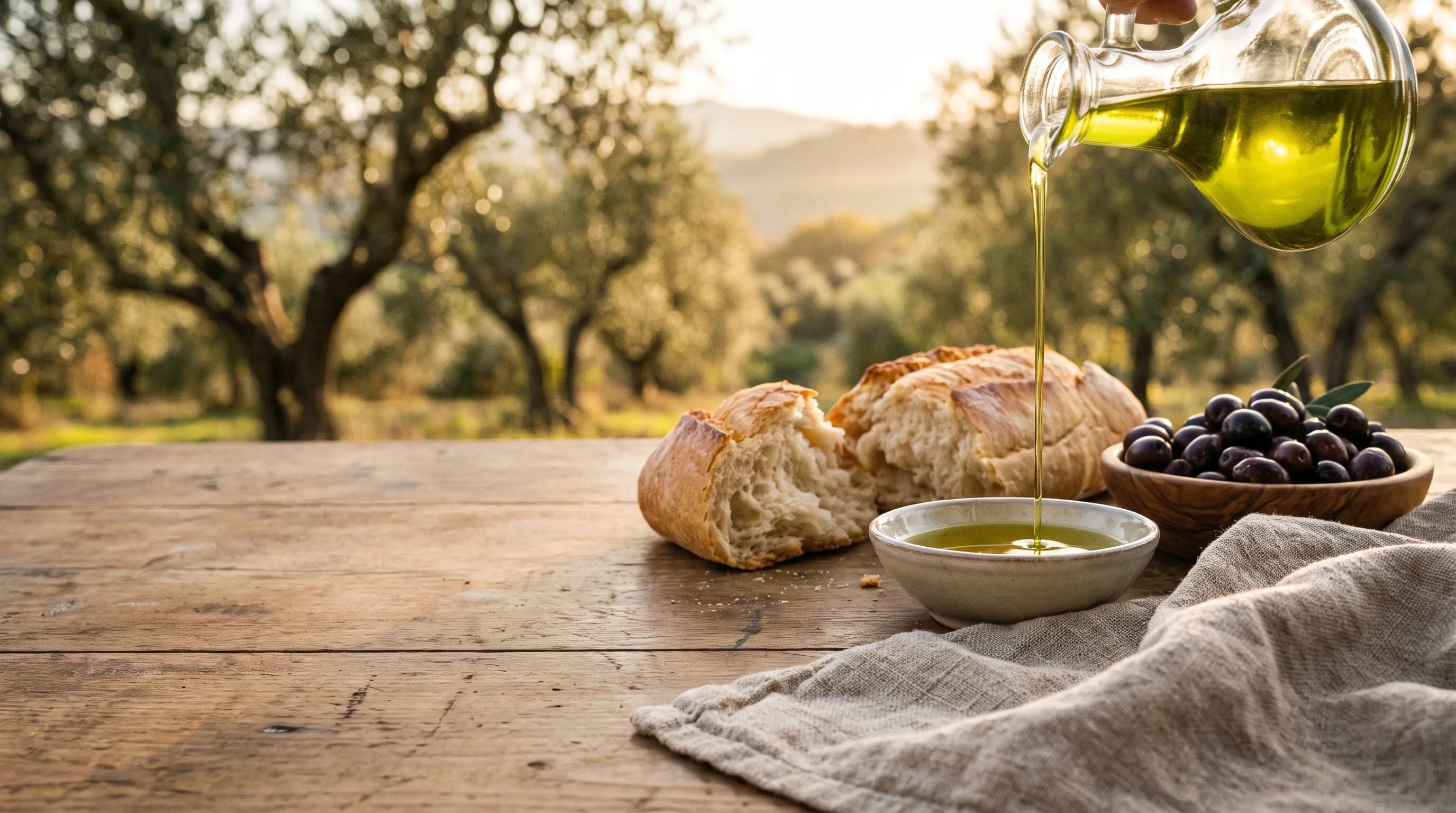 Fresh olive oil poured over grilled bread during harvest season in Tuscany.