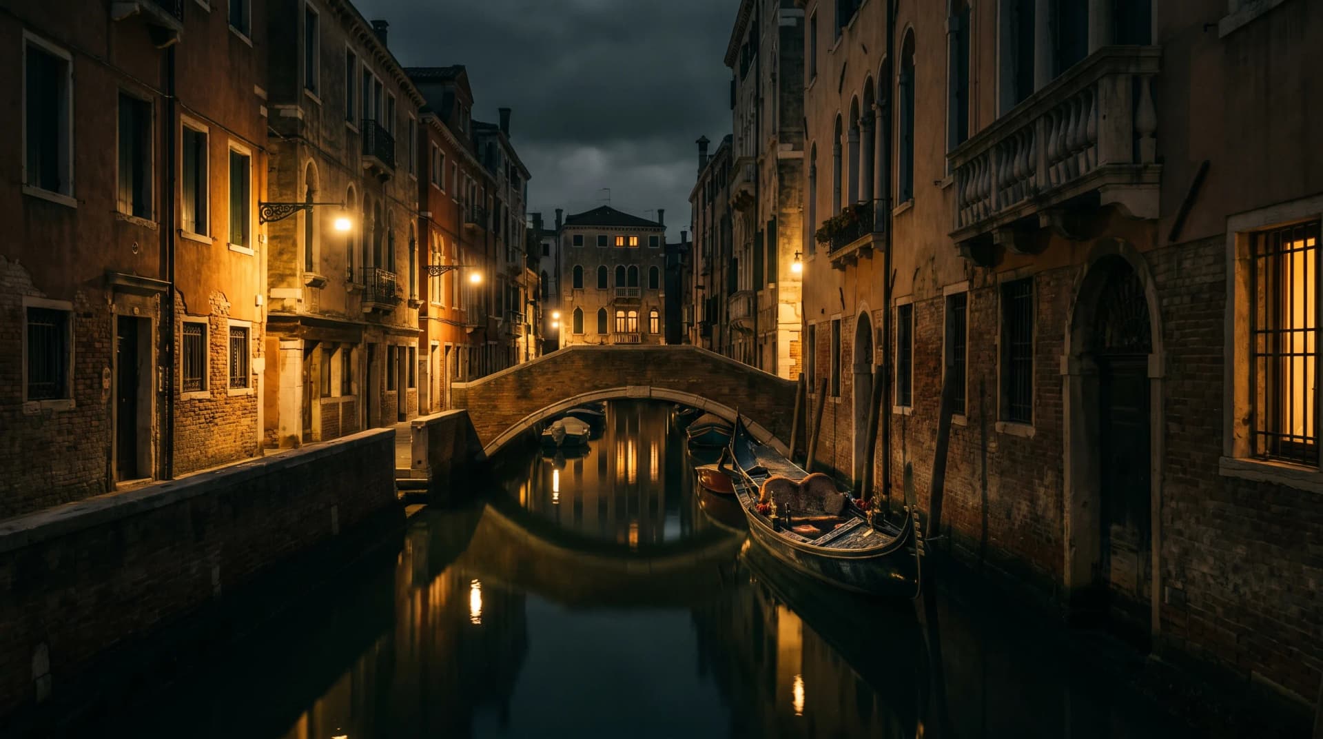 A quiet Venice canal at night with warm lights reflecting on the water.